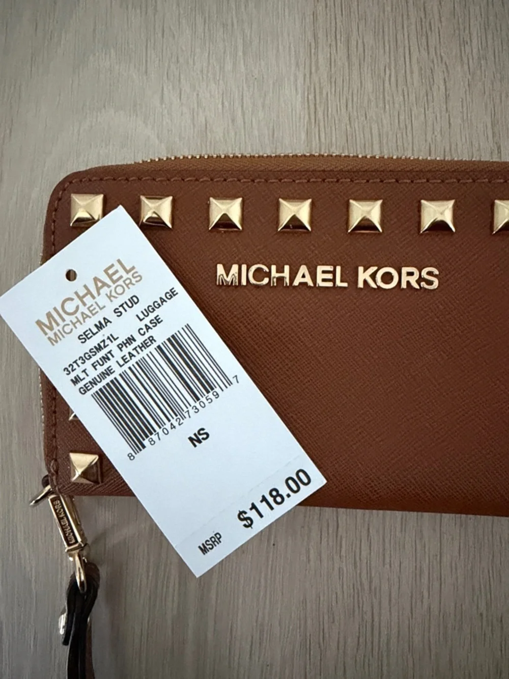 Michael Kors Brown Leather Studded Zip Wristlet Wallet - Picture 3 of 3